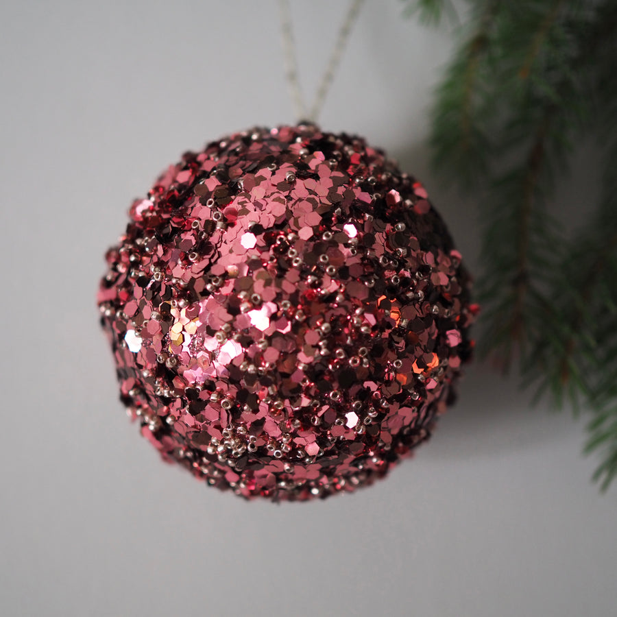 Julekule - Sequin-bead ball dk pink 8cm