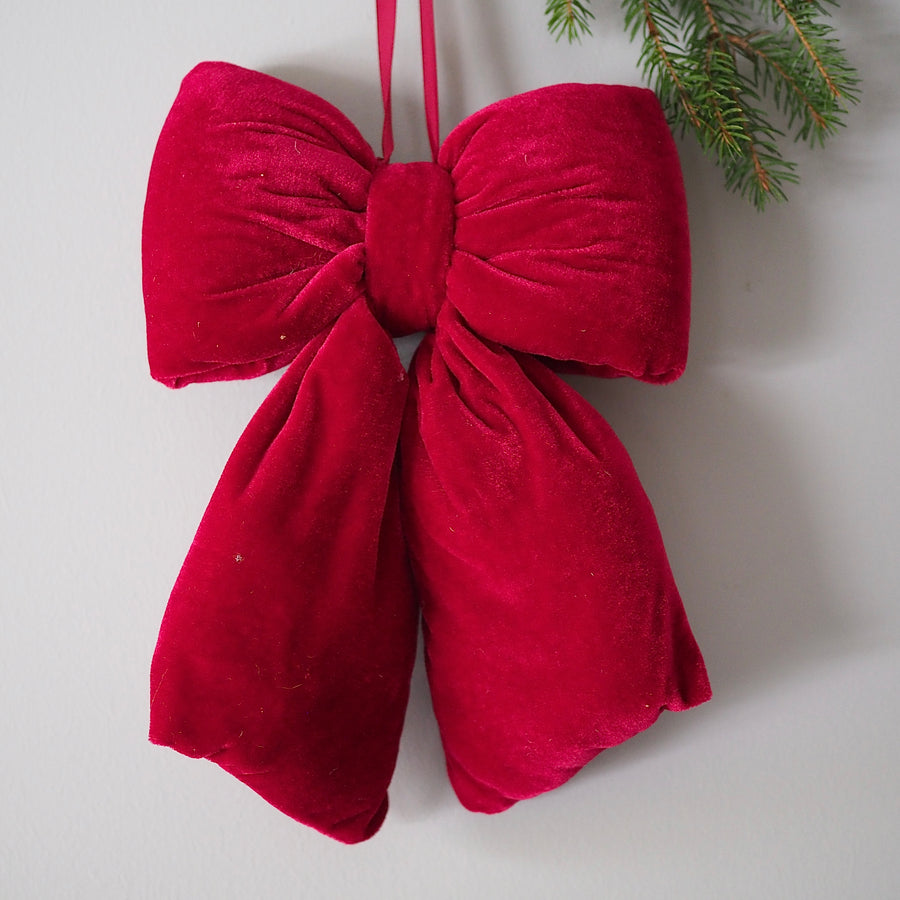 Julekule - Velvet bow puffed red 30cm