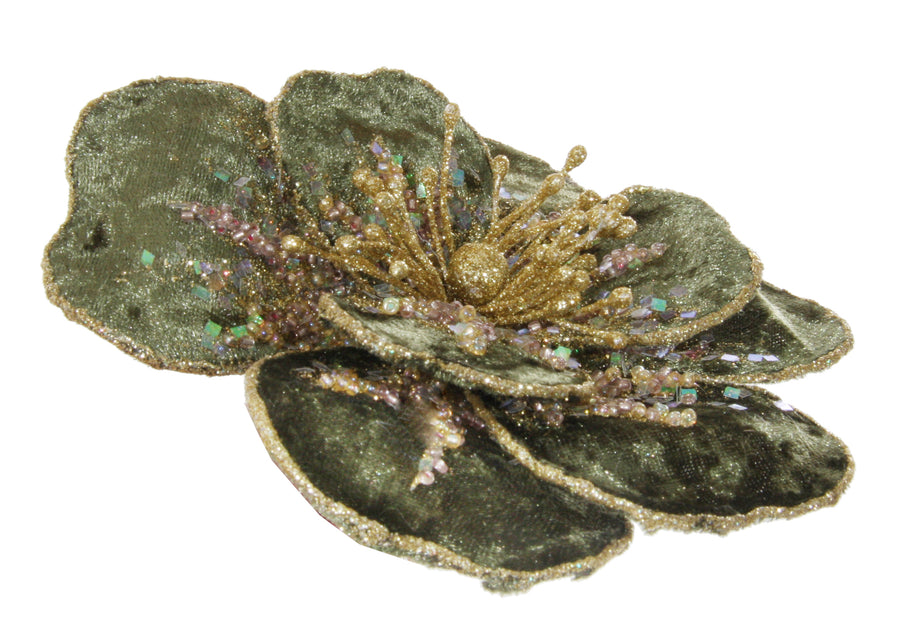 Julekule - Velvet flower w/clip green gold 14cm