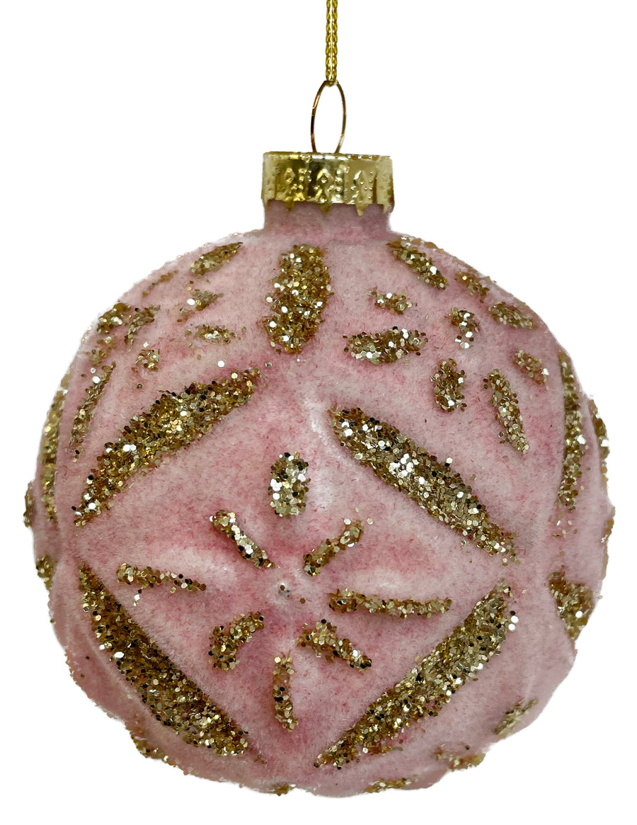 Julekule - Glass ball pink velvet gold glitter flowers 8cm