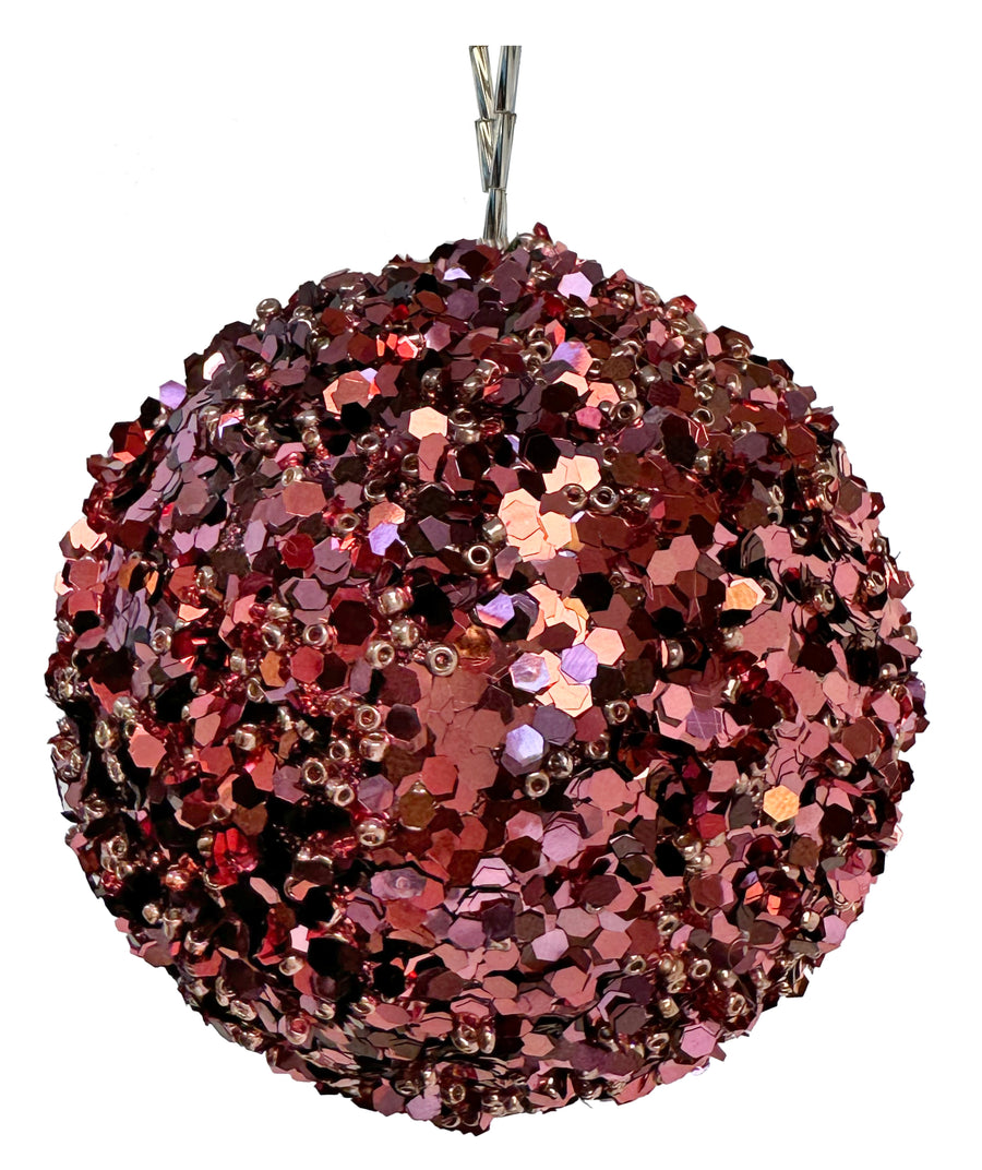 Julekule - Sequin-bead ball dk pink 8cm