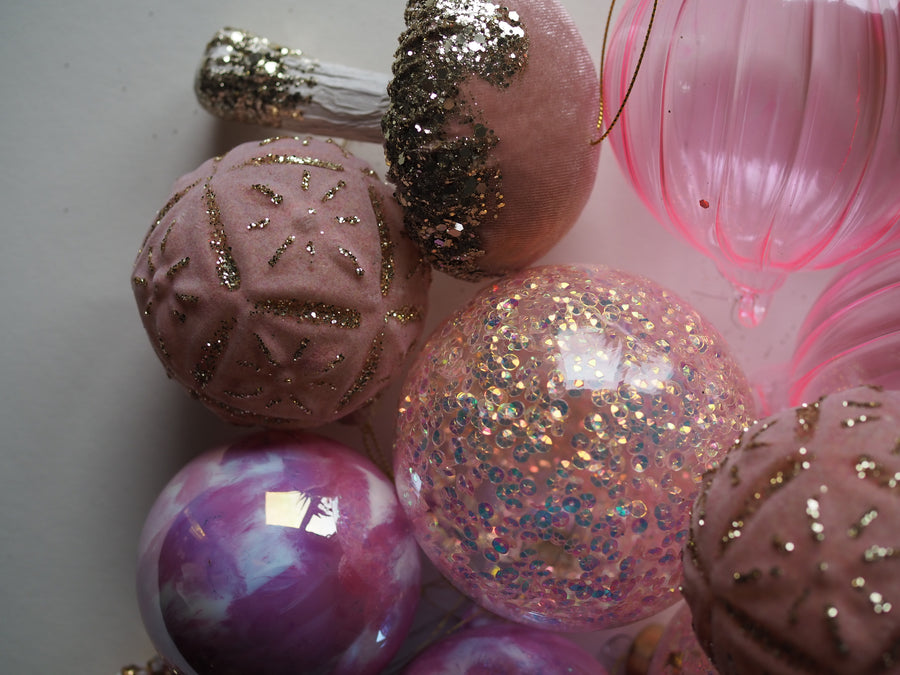 Julekule - Velvet mushroom ornament pink with gold glitter 12cm