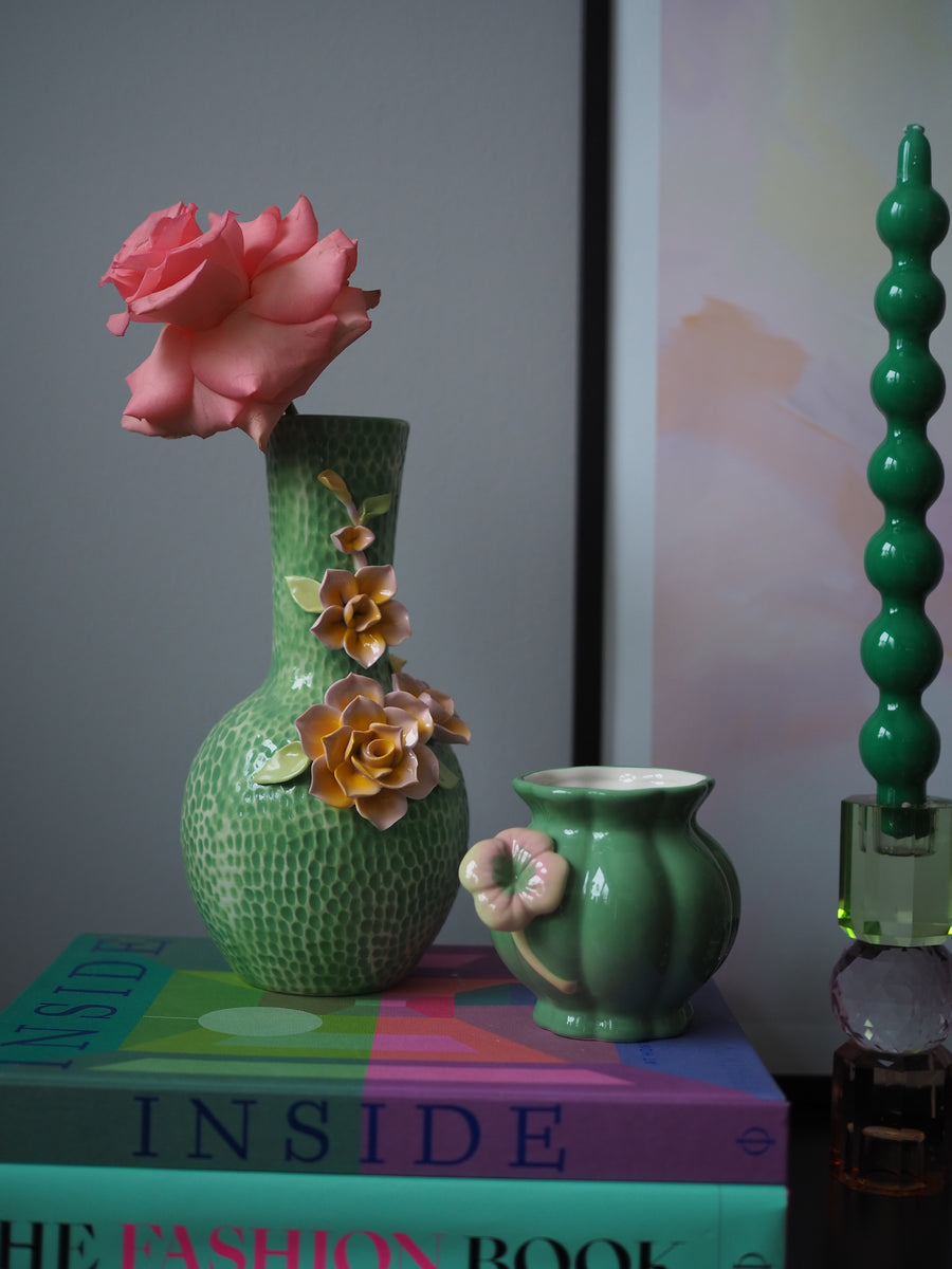 Ceramic Small Vase with Flower Sculpture - Green