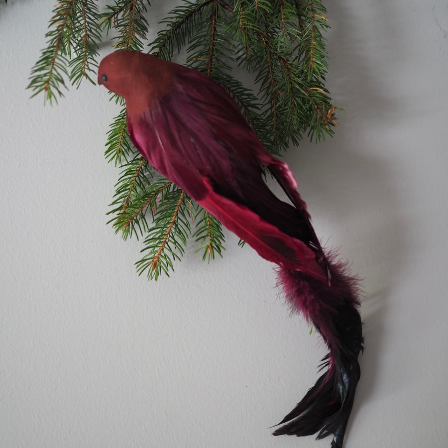 Julekule - Feather longtail bird burgundy 33cm