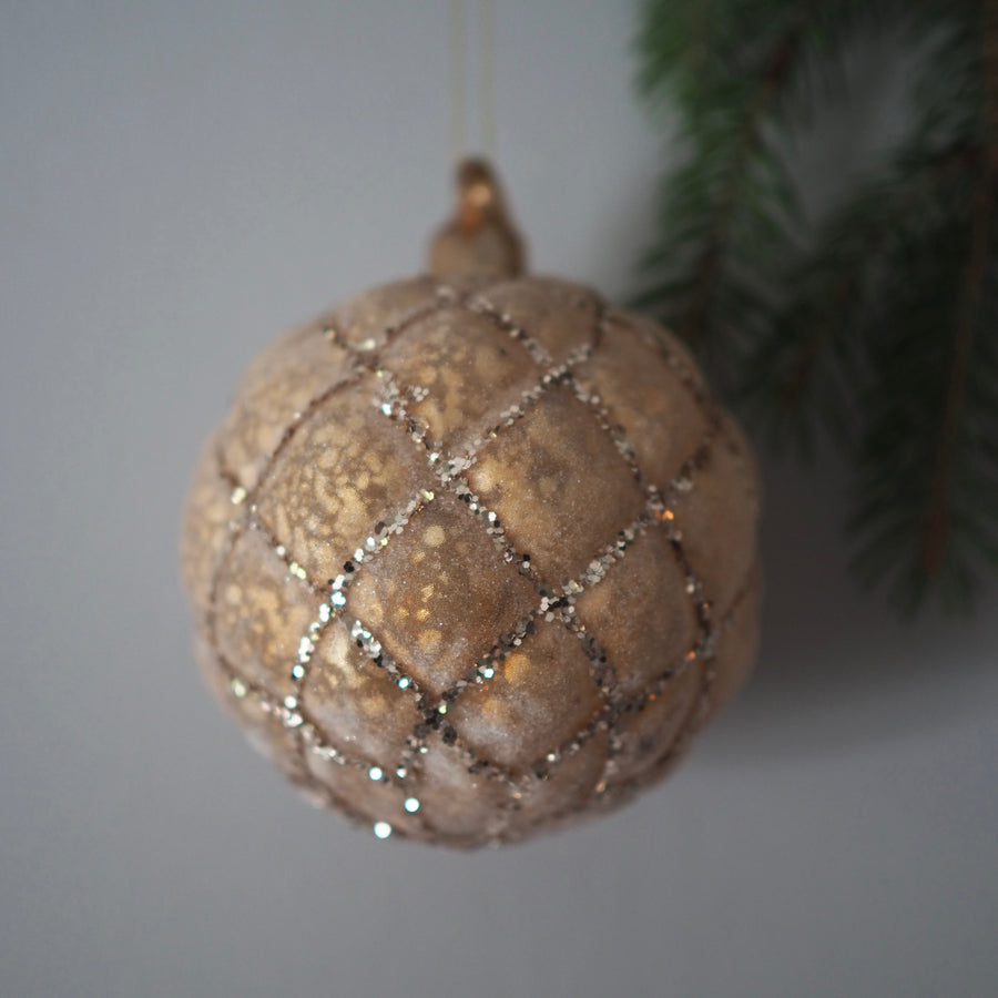 Julekule - Glass velvet ball sugared antique gold mat w/gold glitter