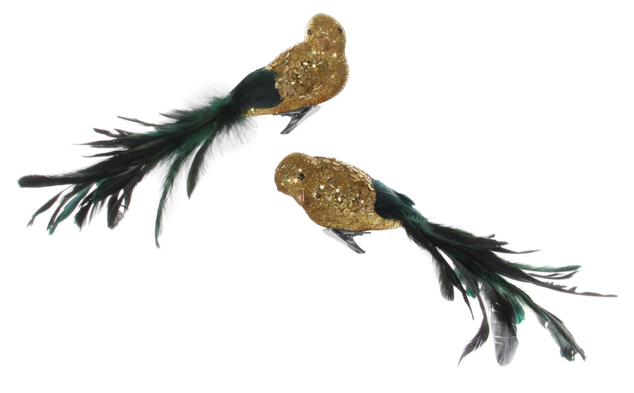 Julekule - Feather bird glitter body green 27cm