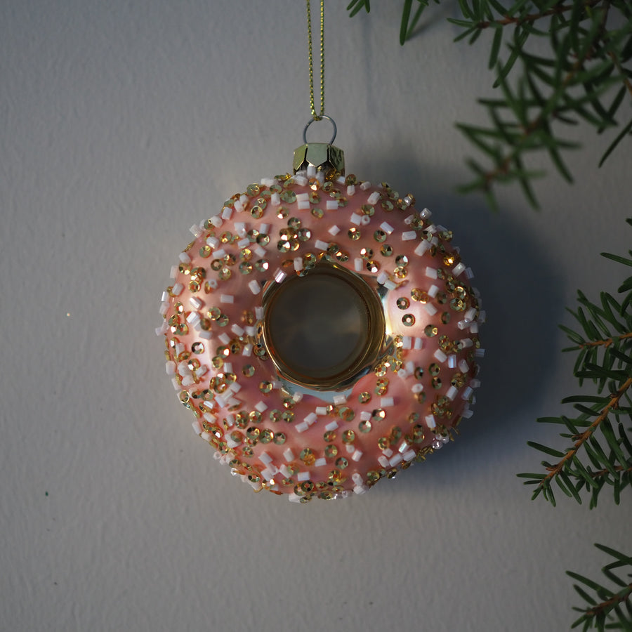 Julekule - Glass donut ornament gold pink 8cm