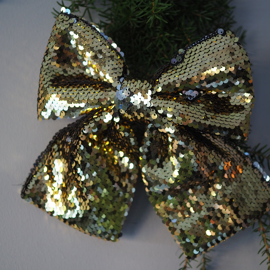 Julekule - Sequin bow with clip gold 20*22cm